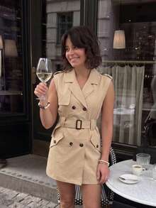 Jaket Trench Coat Double-Breasted Warna Polos Elegan dengan Sabuk untuk Kantor - Khaki - View 6