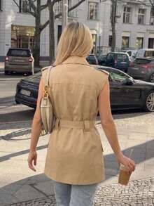 Jaket Trench Coat Double-Breasted Warna Polos Elegan dengan Sabuk untuk Kantor - Khaki - View 9