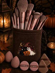 FSJF FIX 12-Piece Makeup Brush Set With Halloween Drawstring Storage Pouch,Add 6 Makeup Puffs,Tone Face And Eye Brushes For Foundation, Powder, Blush, Eyeshadow, Brows, Daily Beauty Routines, Party Looks, Travel And Makeup Organization - Multicolor - View 1