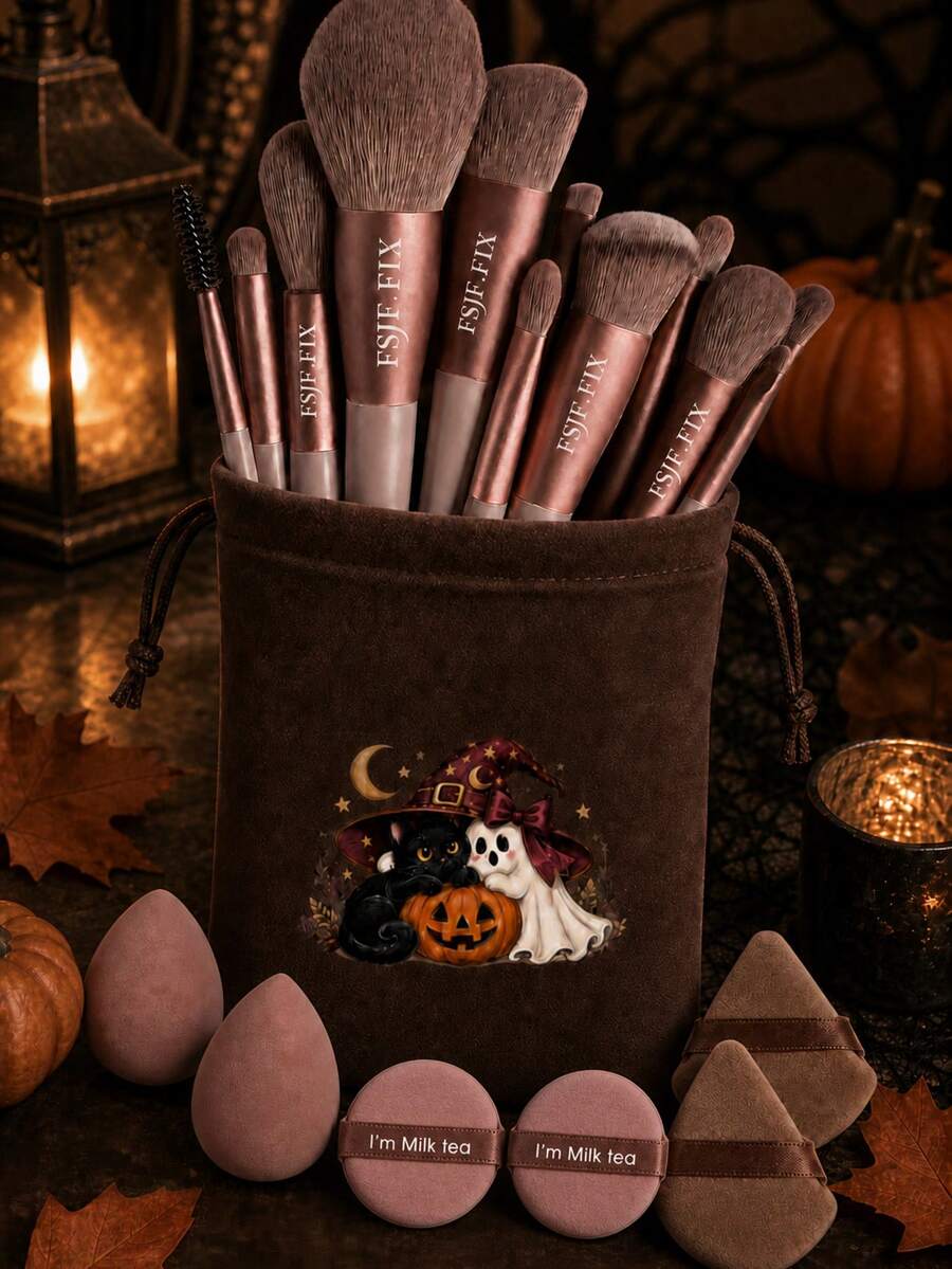 FSJF FIX 12-Piece Makeup Brush Set With Halloween Drawstring Storage Pouch,Add 6 Makeup Puffs,Tone Face And Eye Brushes For Foundation, Powder, Blush, Eyeshadow, Brows, Daily Beauty Routines, Party Looks, Travel And Makeup Organization - Multicolor - View 1