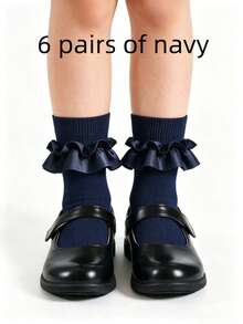 6/1 Pair Girls Ribbon Lace Ruffle Mid-Calf Socks, Soft Comfortable Princess Style, Suitable For School Uniform Daily Wear, Navy Blue White Black, Autumn/Winter - Multicolor - View 14