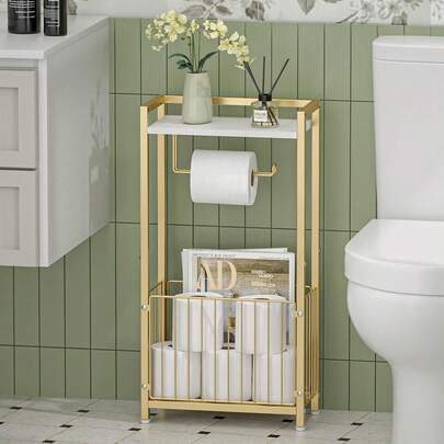 Freestanding Toilet Paper Holder With Storage Shelf, Gold | Bathroom Tissue Stand With Space For Phone, Rolls, And Magazines – All-In-One Toilet Roll Dispenser And Organizer