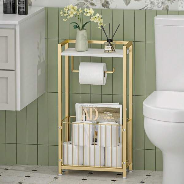 Freestanding Toilet Paper Holder With Storage Shelf, Gold | Bathroom Tissue Stand With Space For Phone, Rolls, And Magazines – All-In-One Toilet Roll Dispenser And Organizer