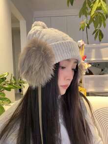 Versatile Warm Knitted Hat For Women, Winter Thermal Lined Pom Pom Earflap Hat, Face-Slimming Oversized Beanie - A - View 4