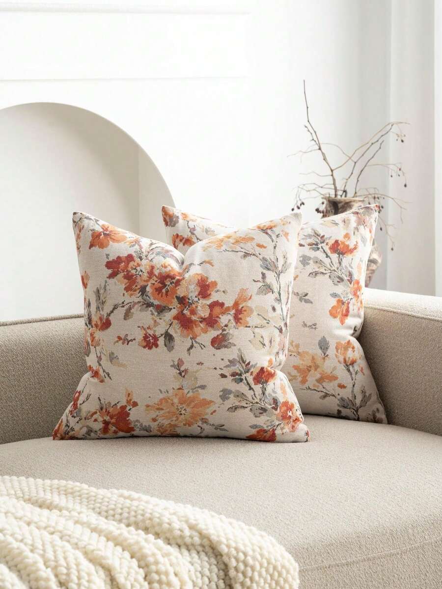 1 Stück Korallenorange (ohne Füllung) ländliches Blumenmuster Kissenbezug, modischer Vintage bequemer Jacquard-Stoff + Kunststickerei-Textur Kissenbezug, geeignet für tägliche Heimdekoration, Sofa, Bett, Schlafzimmer, Geschenk, Feiertagsdekoration, alle Jahreszeiten