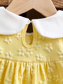 Gaun Jacquard Bunga 3D Kuning Gaya Putri untuk Bayi Perempuan, Gaun Lengan Panjang Kerah Berkerut Warna Kontras Manis Gaya Prancis, Musim Gugur/Semi - Kuning - View 11