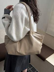 韓式百褶腋下包 新款大容量通勤托特包 獨特Ins風純色女款單肩包 - 卡其色 - 查看 5