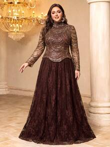 UNITHORSE[Random Cut]Plus Size Women Elegant Stand Collar Straight Long Sleeve Cuff Split Beaded Embroidery Contrast Lace Formal Evening Dress - Coffee Brown - View 1
