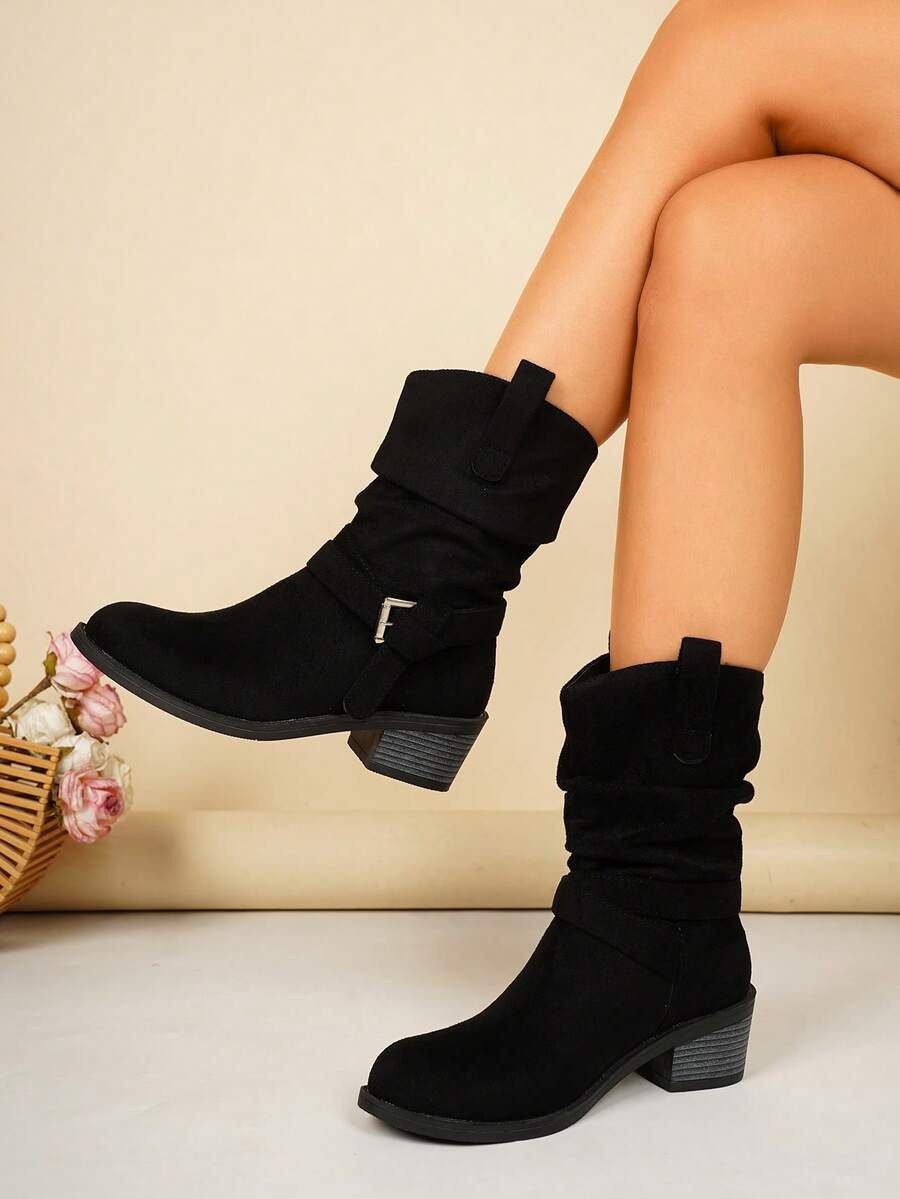 Women's Faux Suede Mid-Calf Ankle Boots With Buckle Chunky Heel Western Style Ruched Stacked Boots Commuter Boots - Black - View 1