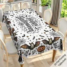 1pc,Vintage Halloween Tablecloth, Black White Pumpkin Bat Cat Print Polyester Table Cover, Elegant Halloween Dining Table Decor For Kitchen, Party, Family Gathering And Holiday Home Decoration - C - View 18