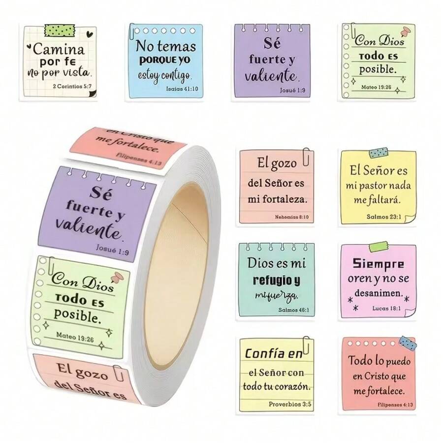 500pcs Spanish Bible Verse Roll Stickers, Macaron Style Inspirational Quotes Self-Adhesive Labels, Fresh Colors, Scrapbook Diary Decoration, Gift Envelope Seal DIY Handmade Decorative Small Stickers - Spanish - View 1