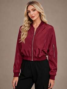 Women's Zipper Short Flight Jacket, Autumn Casual Street Style Lightweight Solid Color Regular Fit Baseball Collar Jacket - Burgundy - View 9