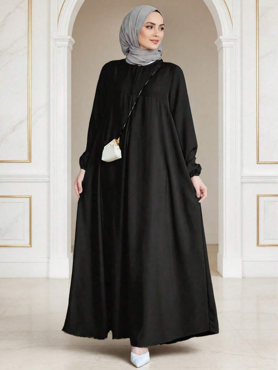 Gaun bergaya Arab yang elegan dan sederhana dengan potongan longgar, warna polos, lengan panjang, leher bulat, dan potongan yang nyaman. Musim Semi Hitam Musim Gugur