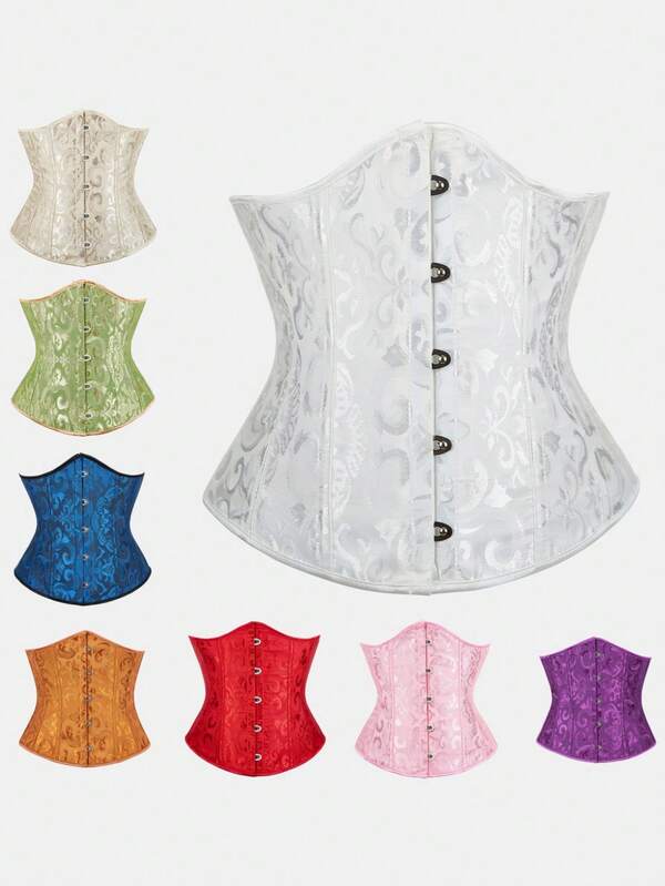 Cinturón Corsé Corto de Cintura con Patrón Jacquard Vintage Clásico, Hebilla Delantera y Cordones Traseros con Ballenas para Mujeres, Disfraz de Halloween y Cosplay