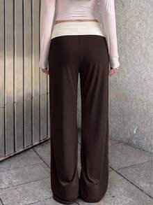 SCARLUX Summer & Autumn Y2K Women's Solid Brown Flare Pants, Folded Low Waist Casual Long Pants, Suitable For Back To School Streetwear - Brown - View 10