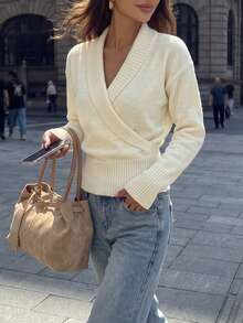 minisummer Women Elegant Fall Off White Wrap V Neck Knit Sweater, Long Sleeve Ribbed Hem Cropped Fitted Pullover, Fall Clothes For Women - White - View 4