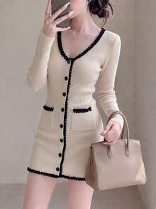Gaun Sweater Mini Rajut Wanita, Desain Renda, Lengan Panjang, Potongan Ramping, Busana Modis untuk Musim Gugur/Dingin - Aprikot - View 3