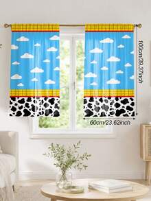 2pcs Color Block Cow & Cloud Rod Pocket Curtains, Polyester Fabric, American Style Patchwork Print, Fashion Living Room Bedroom Home Fabric Curtains - Multicolor - View 19