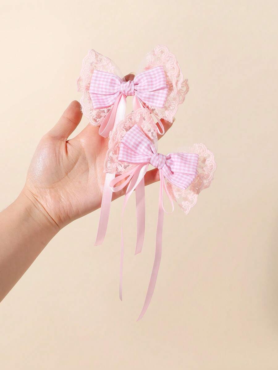 2pcs Pink Plaid Girls Bow Hair Clips, Lace Butterfly Decor Long Ribbon Alligator Clips, Sweet Daily Hair Accessories For Kids - Multicolor - View 1