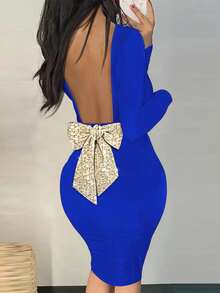 ChicMe High Neck Backless Long Sleeve Ruched Bodycon Dress, Shiny Sequin Bow Decor, Mid-Length Party Dress - Blue - View 6