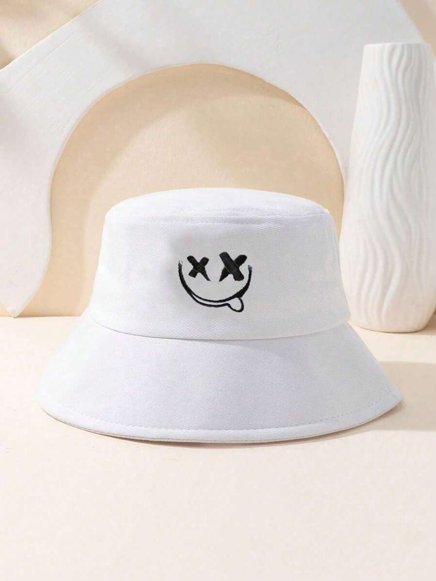 1件春夏戶外休閒遮陽帽 旅行度假防曬刺繡表情水桶帽 Y2K水桶帽 - 白色 - 查看 1