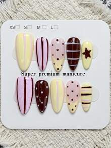 10pcs Handmade Almond Shaped Press-On Nails, Decorated With Yellow, Pink Stripes, Polka Dots And Vibrant Dopamine Style Patterns, Hand-Painted Yellow Pink Stripes And Polka Dot Design - Multicolor - View 1