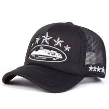 1pc Women's Star Embroidered Mesh Trucker Hat, Fashionable Sun Protection Breathable Casual Baseball Cap, Suitable For Outdoor Travel And Beach Vacation - Embroidery - View 1