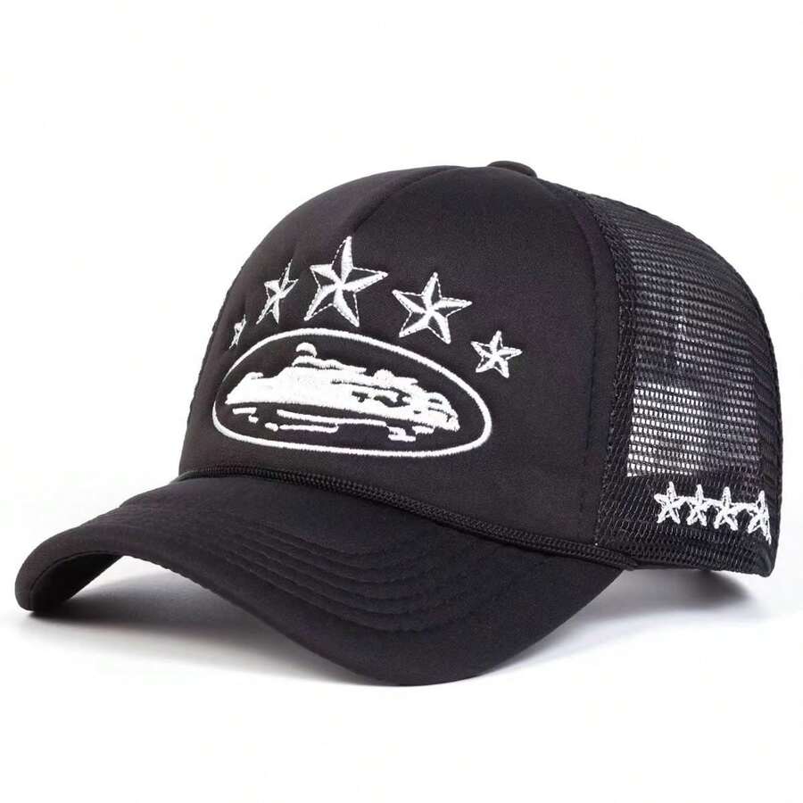1pc Women's Star Embroidered Mesh Trucker Hat, Fashionable Sun Protection Breathable Casual Baseball Cap, Suitable For Outdoor Travel And Beach Vacation - Embroidery - View 1