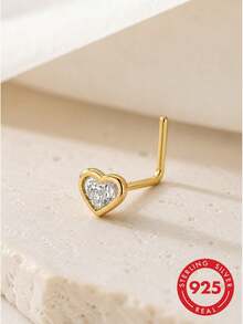 lunastudio 1pc 925 Sterling Silver L-Shaped Heart Zirconia Nose Stud For Women Daily Wear - Gold - View 4