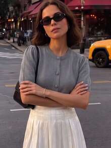 Women's Soft Knit Short Sleeve T-Shirt And Cardigan Set, Comfortable For Spring And Summer - Grey - View 2