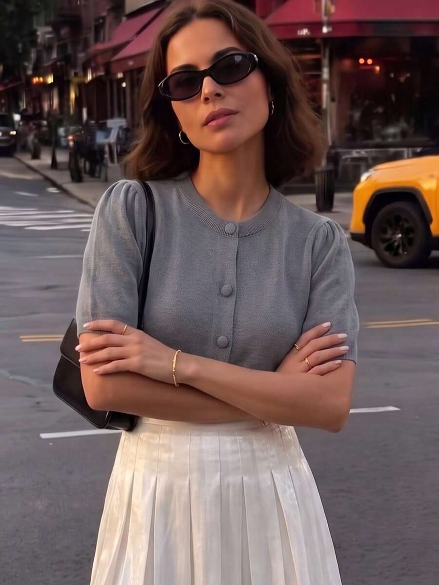 Women's Soft Knit Short Sleeve T-Shirt And Cardigan Set, Comfortable For Spring And Summer