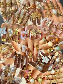6/11/18/22/24/30pcs Flower & Heart Women's Ring Set, Elegant Luxury Mixed Style Multi-Piece Rings, Fashion Jewelry, Best Gift, Random Style - Multicolor - View 2