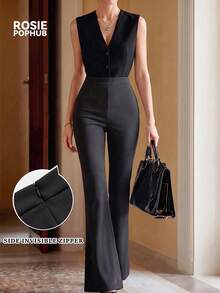 Pantalones acampanados de cintura alta y ajuste ceñido para mujer ROSIE POPHUB, pantalones de vestir formales con cremallera invisible lateral y tela elástica, pantalones casuales de negocios para oficina y desplazamientos - Negro - Ver 3
