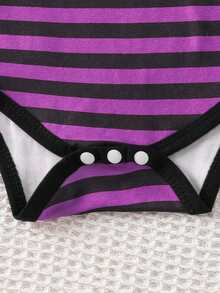 2pcs Set Baju Terusan Bayi Perempuan Lucu Lengan Panjang Bergaris & Topi, Tipis untuk Liburan Musim Semi/Gugur - Purple - View 10