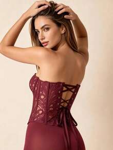 Lilivine Red Lace Floral Hollow-Out Crop Cami Top, Ideal For Daily Wear - Burgundy - View 3