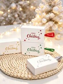 5pcs Festive Christmas Slide-Out Favor Boxes, Small Square Gift Packaging With Metallic Lettering And Matching Ribbon Handle, Reusable Holiday Boxes For Winter Parties, Family Celebrations, Table Displays And Surprise Gifts - 8.5x6x3cm - View 8