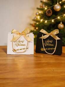 5pcs Luxury Christmas Favor Bags, Festive Mini Paper Gift Packaging With Gold Foil Lettering, Santa Sleigh Design And Matching Bow, Reusable Holiday Bags For Jewelry, Stocking Fillers, Winter Parties And Table Decorations - 14X6X12cm - View 6