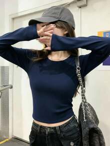 New Short Long Sleeve T-Shirt Women Y2K Generation Spring Autumn Korean Style Crew Neck Versatile Casual Slim Fit Top - Navy Blue - View 4