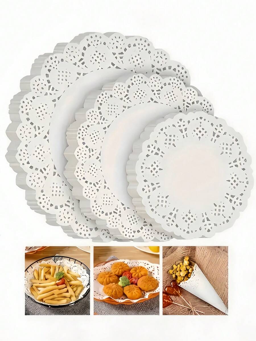 100/300/500入圓形白色蕾絲紙墊，烘焙紙墊，適用於手工藝、餐具裝飾、派對、婚禮、蛋糕、甜點、烘焙、燒烤、炸物