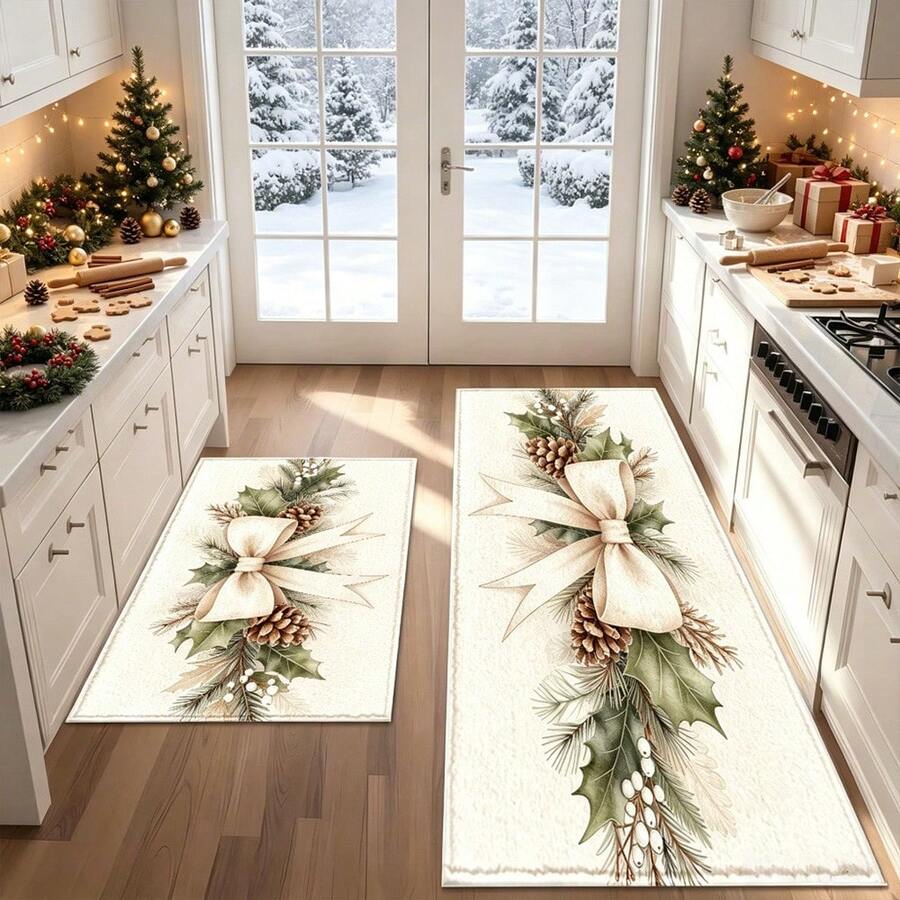 1pc Kitchen Floor Mat, Soft Faux Cashmere Material, Beige Bow & Pine Branch Decor, Non-Slip, Absorbent, Suitable For Kitchen, Bathroom, Entryway, Fresh & Cozy Home Decor, Multi-Scene Use, Christmas Room Decoration, Holiday Gift - Multicolor - View 1