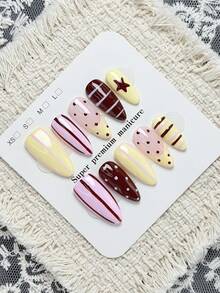 10pcs Handmade Almond Shaped Press-On Nails, Decorated With Yellow, Pink Stripes, Polka Dots And Vibrant Dopamine Style Patterns, Hand-Painted Yellow Pink Stripes And Polka Dot Design - Multicolor - View 3