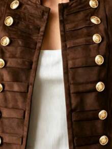 Women's High-Quality Vintage Court Style Stand Collar Double-Breasted Gold Button Suede Napoleon Jacket, Slim Fit Waist-Cinching Motorcycle Jacket, Solid Color With Pockets, Suitable For Office, Daily Wear, Dating, Gathering (No Buckle, Open Front) - Brown - View 8