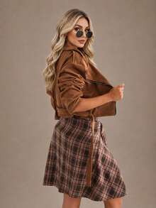 Fashion Casual Autumn/Winter Leather Fleece Collar Long Sleeve Commuter Zipper Short Jacket - Khaki - View 8