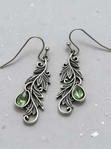 1 Pair Vintage Bohemian Style Vine Carved With Green Teardrop Rhinestone Pendant Earrings, Suitable For Women's Daily Wear, Travel, Party, Personalized Jewelry Gift - Silver - View 2
