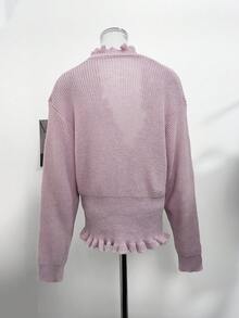 Autumn New Korean Style V-Neck Niche Sweater Cardigan Lazy Ruffle Hem Waist-Cinching Slimming Knitwear Sweater - Pink - View 8