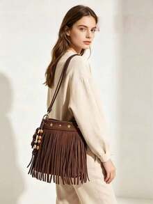 Women's Coffee Brown Exquisite Small Faux Suede Crossbody Bag, Tassel Style With Rivet Star Inlay, College Style Phone Bag, Suitable For Shopping - Coffee Brown - View 5