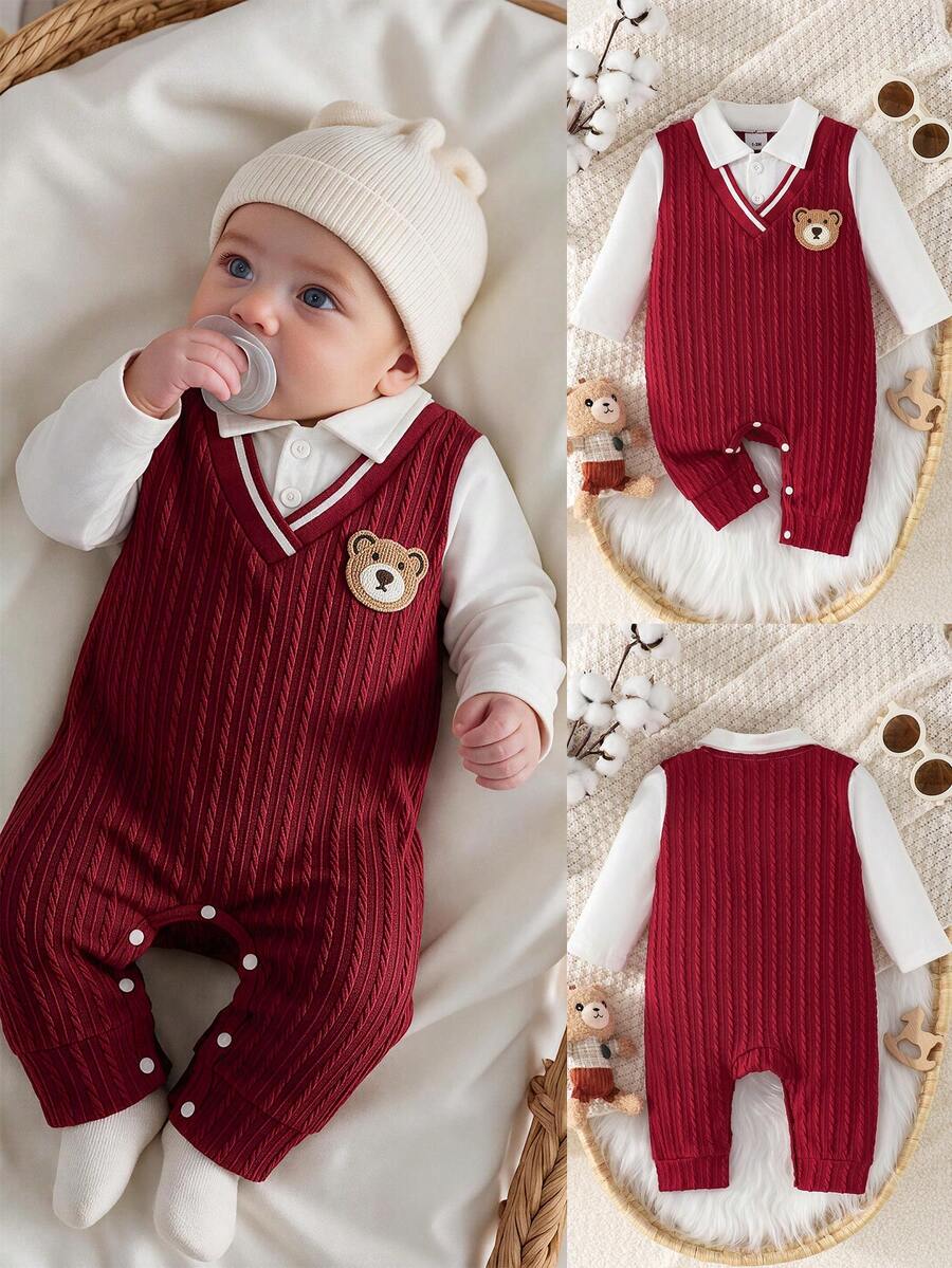 Newborn Baby Boy Fashion Patchwork Striped Ribbed Embroidered Bear Applique Basic Polo Collar Front Opening Long Sleeve Bodysuit, Suitable For Daily Wear And Outings - Red - View 1