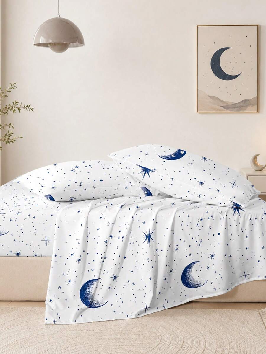 4Pcs Crescent Pattern Print Sheet Set,1Fitted Sheet,1Flat Sheet & 2Pillowcases,Soft Skin-Friendly Breathable Bedding Set,Comfortable Machine Washable Mattress Protector,Easy-Care All-Season Bedroom Decor For King Queen Full Twin Size Home Bedding Set - Multicolor - View 1