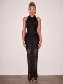 Women's Sexy Fashion Backless Halter Neck Bodycon Dress, Black Evening Party Dress For Autumn - Black - View 2