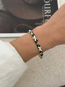 Vintage Black & Gold Enamel Bracelet Set, French Palace Style Drip Oil Open Cuff, Layered Stackable Atmospheric Jewelry - Multicolor - View 16